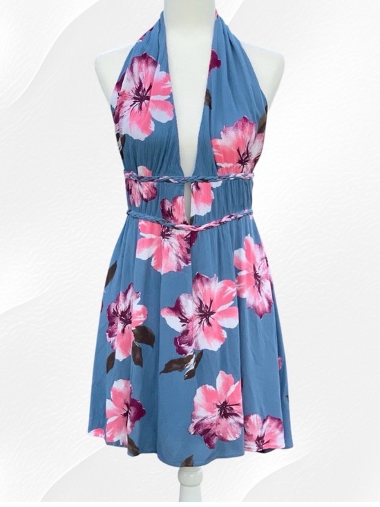 VENUS Dresses & Skirts - Venus Backless Blue & Pink Hibiscus Tropical Floral Crepe Halter Swing Dress 10